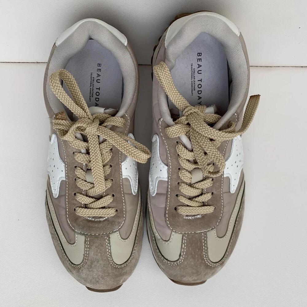 Beau Today Cream & Tan Leather & Suede Women's Sneakers Size 6